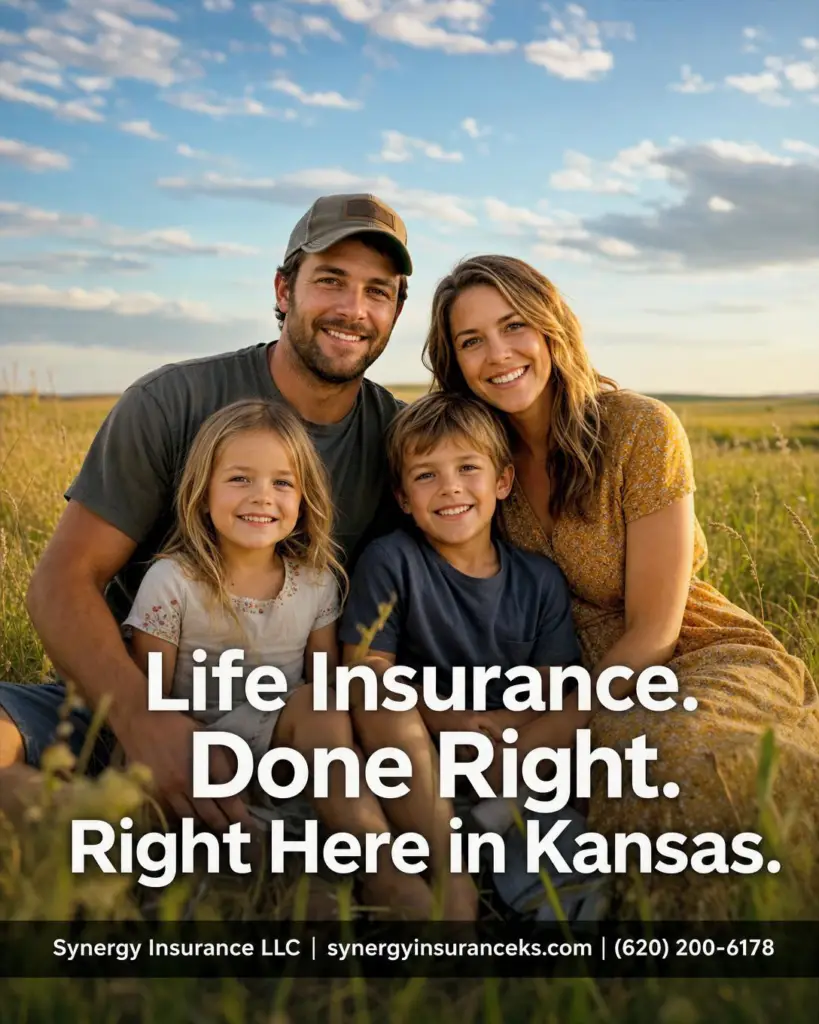 A happy Kansas family sitting in a field with a look of relief as they have term life insurance coverage thanks to Synergy Insurance LLC