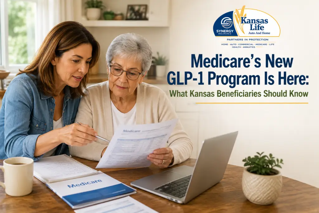Two women reviewing Medicare documents at kitchen table