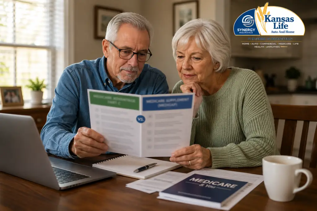 Senior couple reviewing Medicare insurance options at home