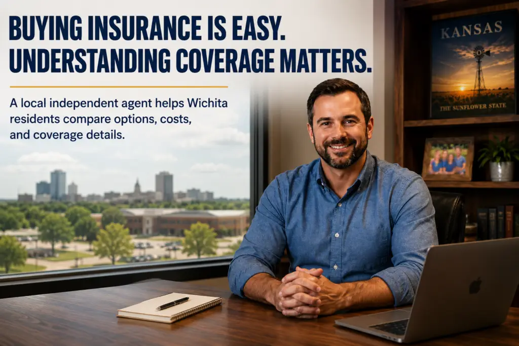 Insurance agent in office with Wichita skyline