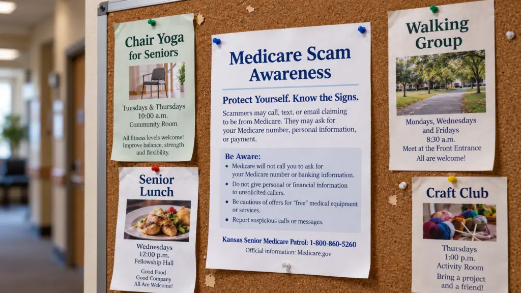Community bulletin board with senior activities and Medicare scam alert